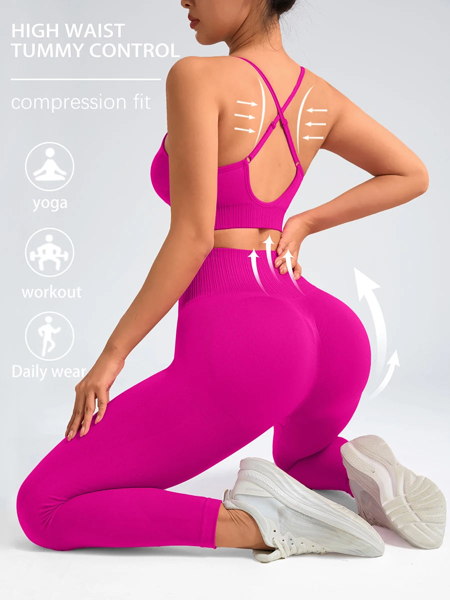 2 pcs/set Seamless Tight Pants Set Rose Red Tank Top Outfit Women's Clothing BreathableTrousersAthleisure Fitness Pants