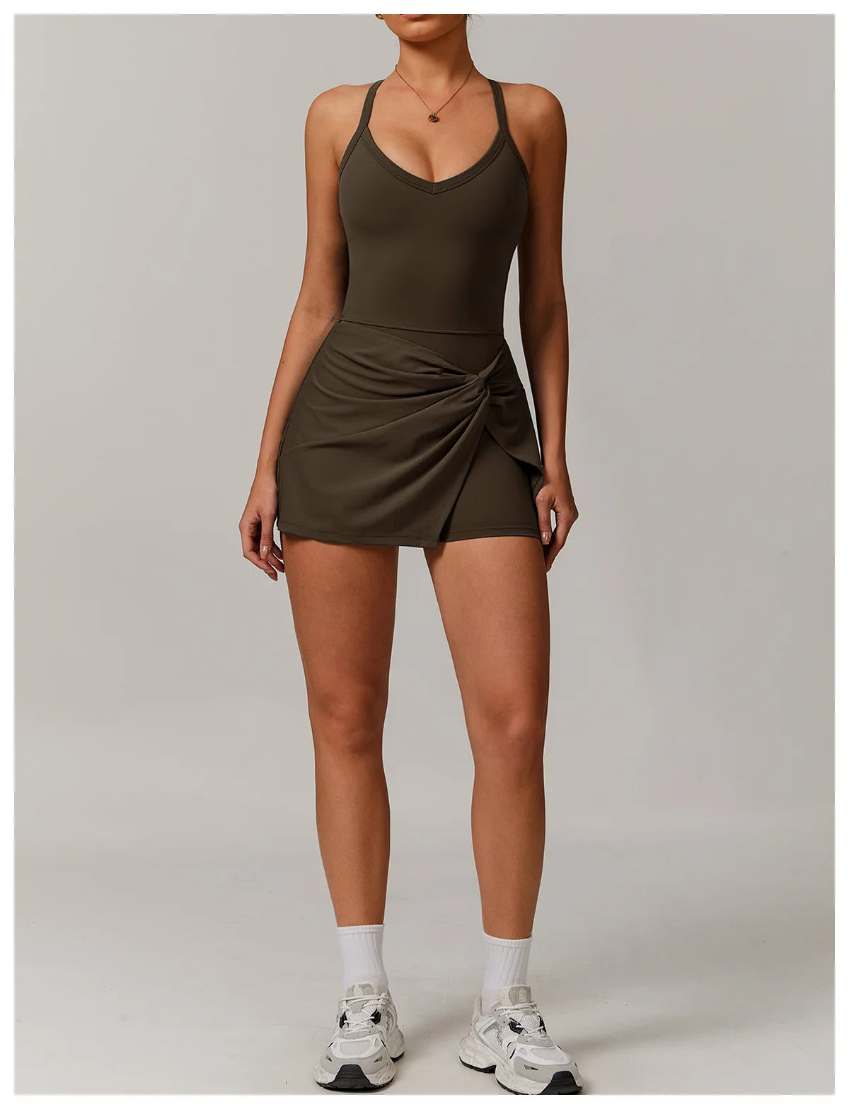 Summer Tennis Dress Women Sleeveless V Neck Slim Skirt Pleate Twisted Design Crossed Hollow Out Sports Yoga Golf Skirt Badminton