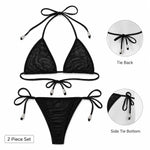 Women Bikini Set 2pcs Black Halter Triangle Swimsuit, Tie Side V Shape Bottom, Solid Color Beach Vacation Swimwear