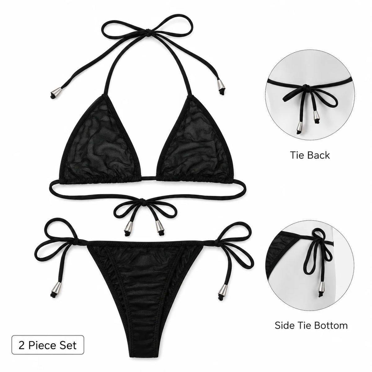 Women Bikini Set 2pcs Black Halter Triangle Swimsuit, Tie Side V Shape Bottom, Solid Color Beach Vacation Swimwear
