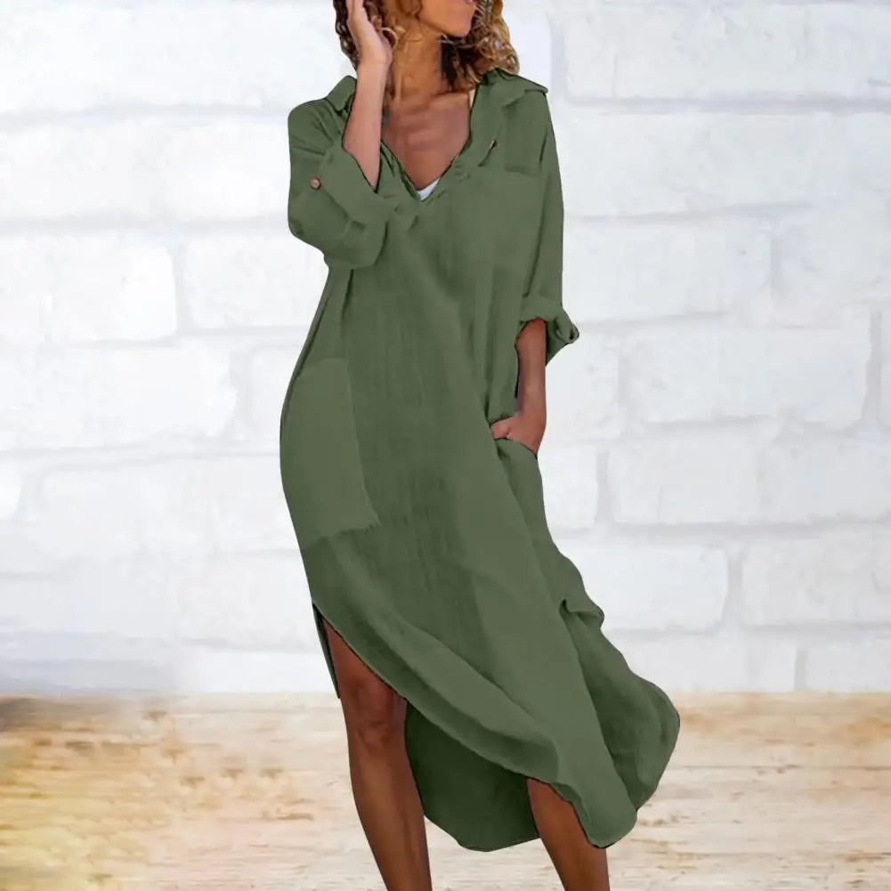 Beach Holiday Dress Women Summer Shirt Dress Lapel V-neck Solid Color Pockets Design Side Split Loose Fit Thin Midi Dress