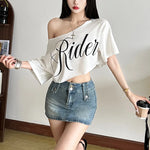 Letter Print Oversized Tees Women Skew Collar Off Shoulders Short Sleeves T-shirt Irregular Hem Hip-hop Style Trend Crop Tops