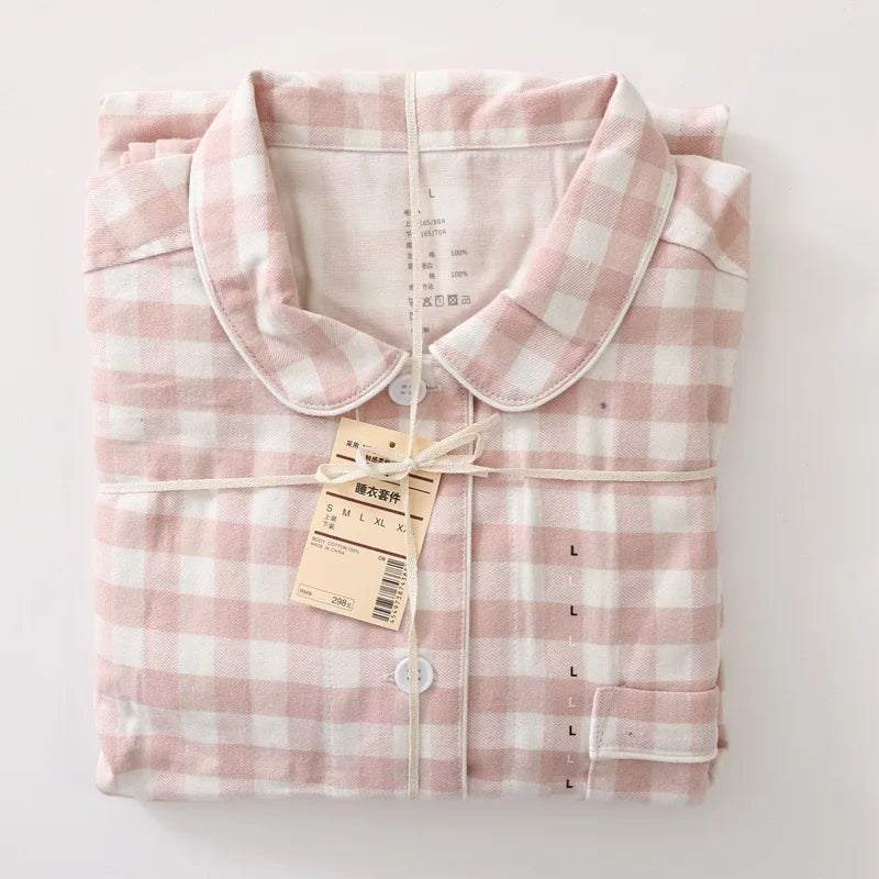 Men Brushed Cotton Vintage Plaid Stripe Pajama Set Lapel Collar Long Sleeve Top Pants Home Sleepwear Loungewear