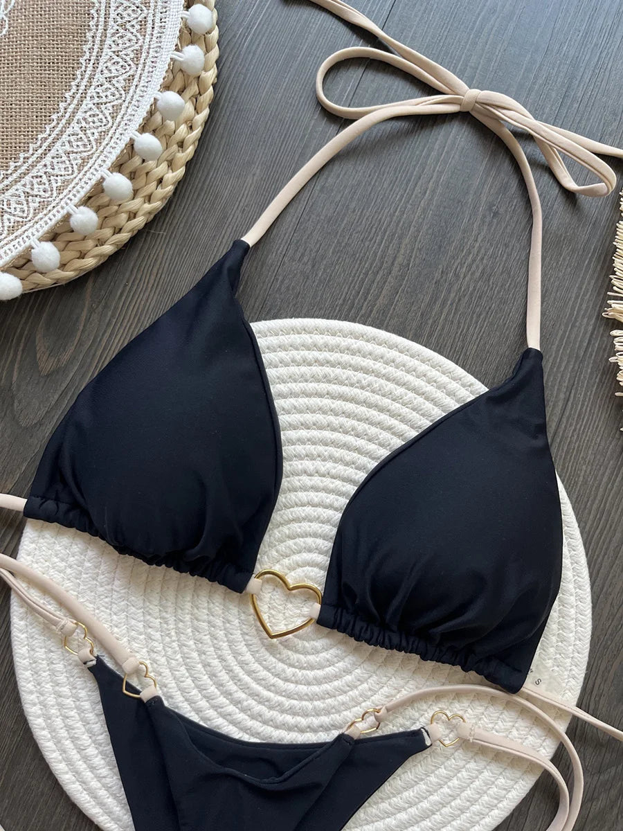 Metal Heart-shaped Halter Mini Micro Thong Bikini Female Swimsuit Women Swimwear Two-pieces Bikini Set Bather Bathing Suit Swim
