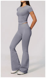 Seamless High Elasticity Yoga Sets Women Short Sleeve O Neck Sports T Shirts Workout Outfits Running Wide Leg Pants Fitness Suit