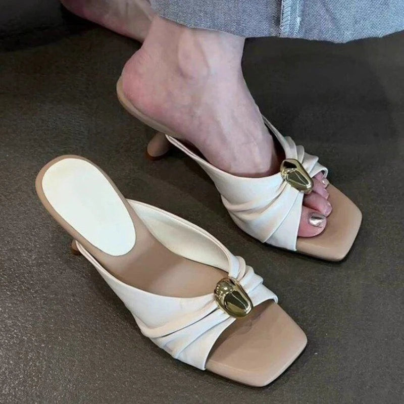 Summer Women Slippers Fashion Metal Decoration Open Toe Dress Slides Ladies Stripper Party Sandals