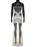 FDYOUI Sexy Lace Patchwork Mesh Long Dress Women Spaghetti Strap See-through Evening Party Dresses White Black Night Club Outfit