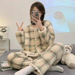 2025 New Flannel Plaid Sleepwear Women Winter Ruffles Pajama Pants Warm 2 Pieces Fluffy Button Night WearsSet Home Wear