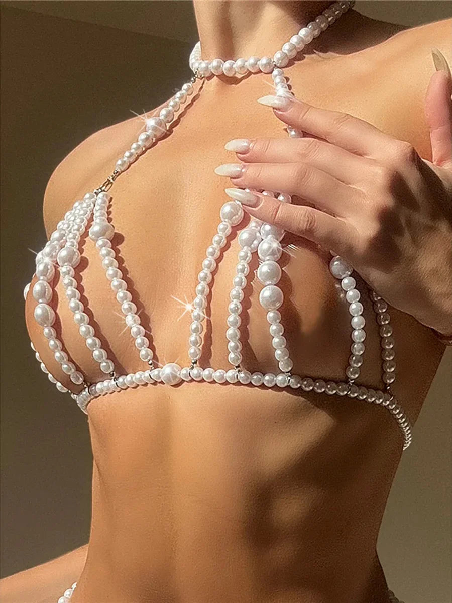 Luxury Pearls Chain Halter Hollow Out See Through Bikini Top Female Swimsuit Women Swimwear Bather Bathing Suit Swim Beach Top