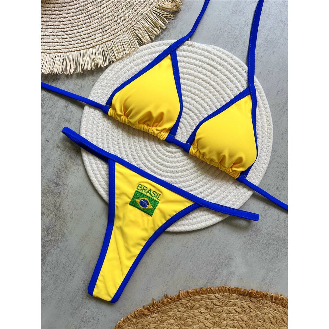 G-string Thong Brazilian Bikini Women Swimwear Female Swimsuit Two-pieces Bikini set Bather Brasil Flag Bathing Suit V6092