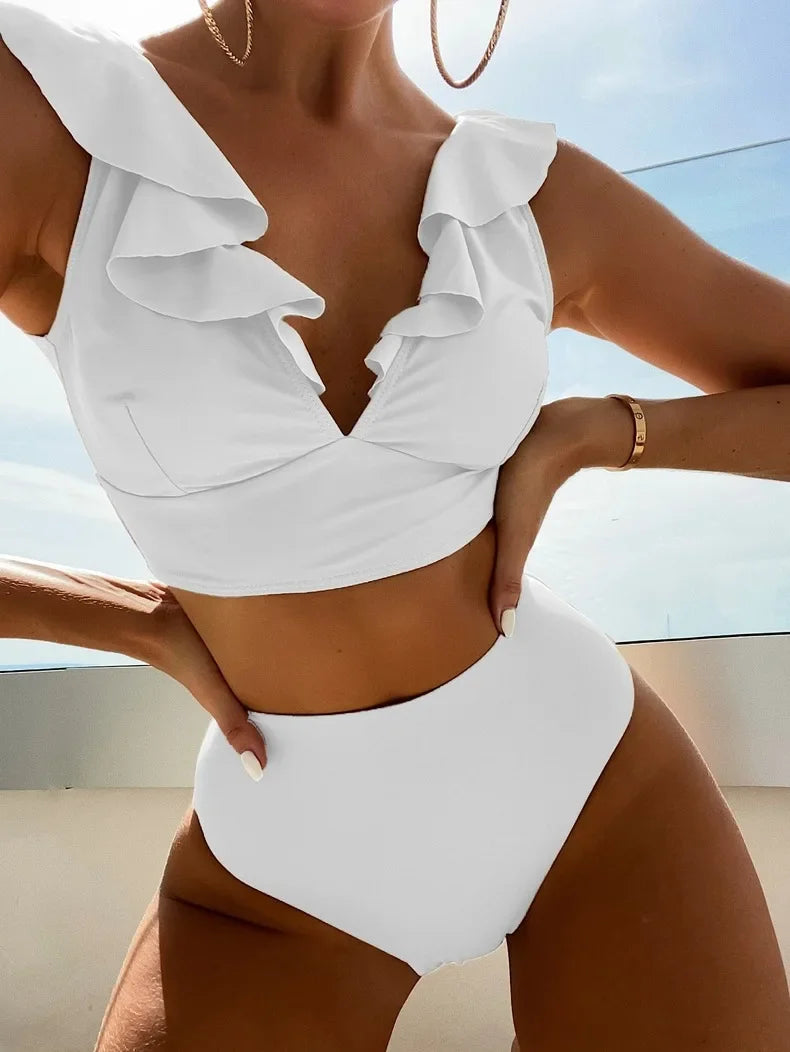 Solid Color Sexy V-neck Ruffle Bikini 2026 Women 2 Piece Swimwear Push Up Padded High Waist Swimsuit Summer Beach Bathing Suit