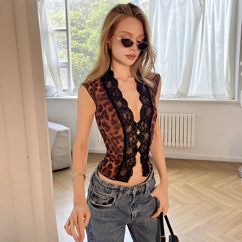FDYOUI Women's Deep V-neck Lace Patchwork Mesh T-shirts 2026 Summer Sexy Sleeveless Buttons Leopard Tops Tee Shirt Streetwear