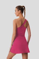 Sexy Hollow Waist Tennis Dress Women One Shoulder Pleate Sleeveless Built in Bra with Inner Separate Shorts Yoga Golf Dresses