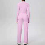 2 Pcs Women's Seamless Yoga Set Long-sleeved Wide-leg Pants Tracksuit Fitness Sports Set High-waisted Hip-lifting Slim-fit Suit