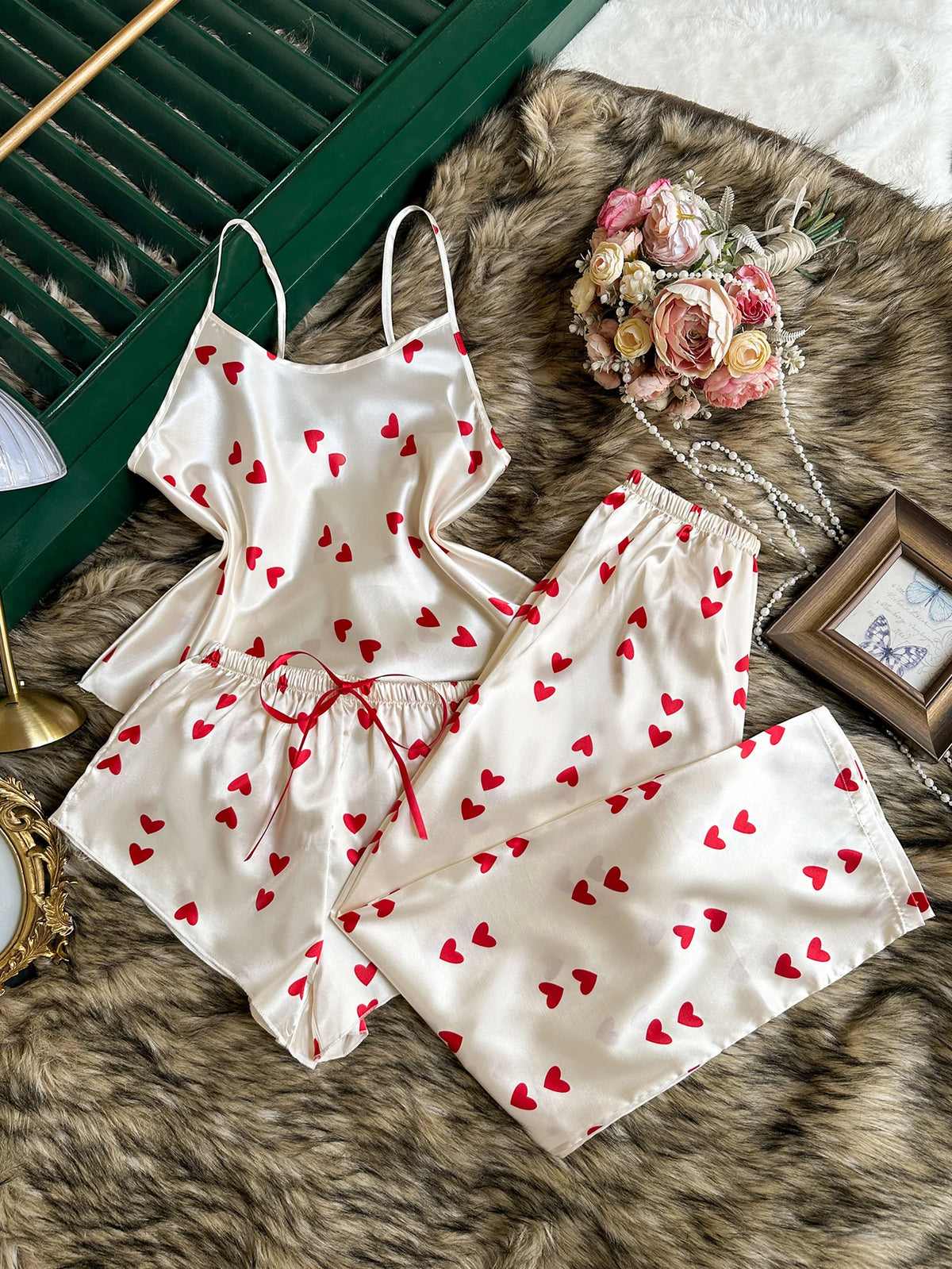 3 Pcs Women Satin Pajama Set Heart Print Round Neck Top with Pants and Shorts Sleepwear Suit Elegant Ladies Homewear