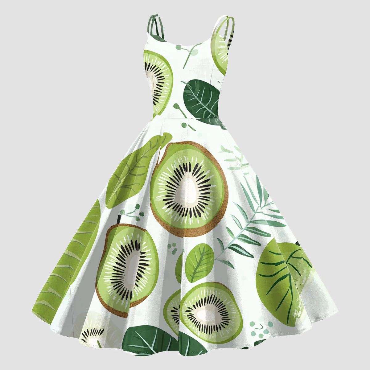 Vintage Fruit Print Dress For Women Elegant High Waist A Line Swing Dress Rockabilly 60s 50s Retro Spaghetti Strap Maxi Robe