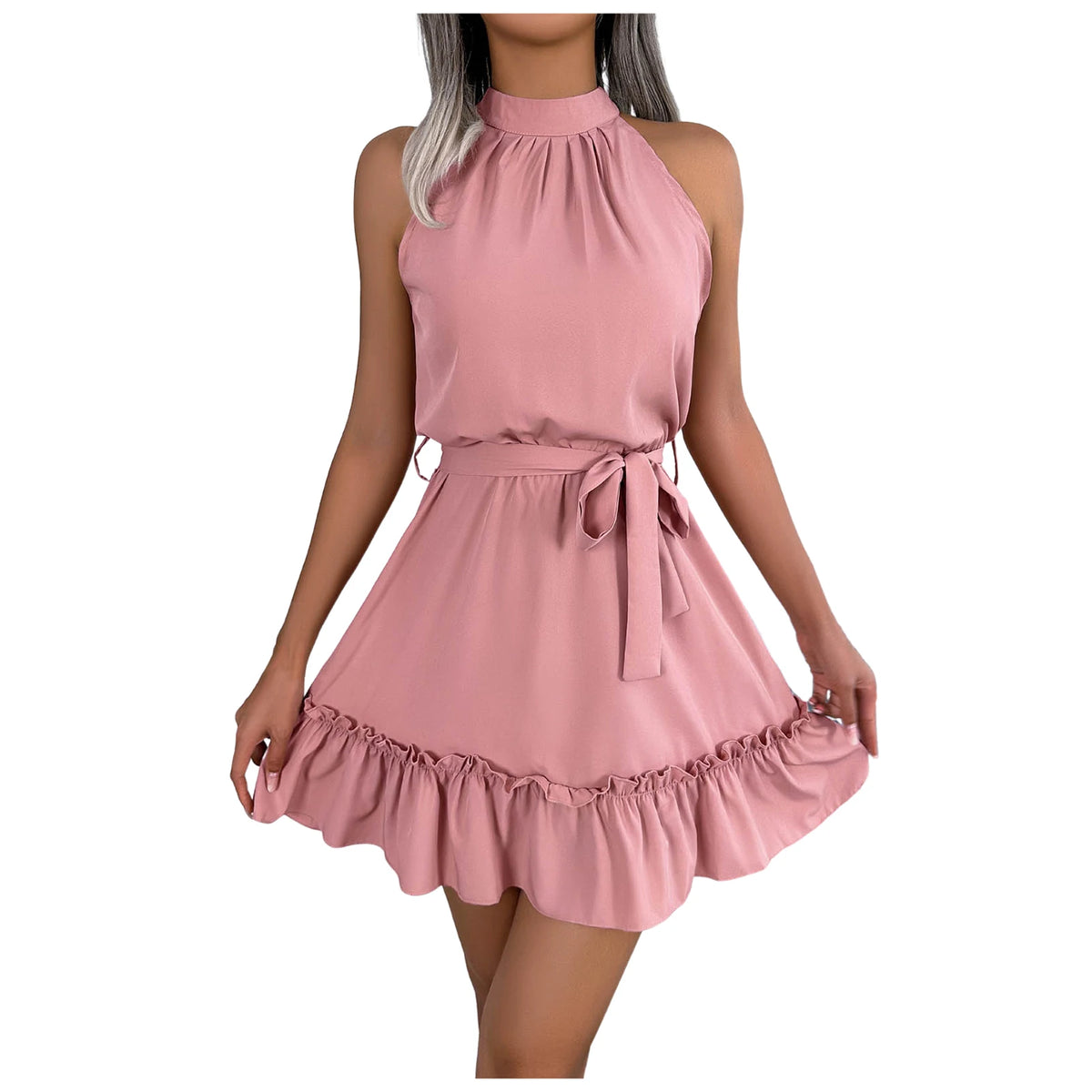Elegant Halter Mini Dress For Women Solid Color Off Shoulder Sleeveless A Line Summer Dress Tie Waist Ruffled Hem Office Dresses