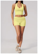 2PCS Yoga Set Women V-neck Cross Neck Shock-absorbing Sports Vest Workout Pleate Flip High Waist Shorts Gym Runing Fitness Suits