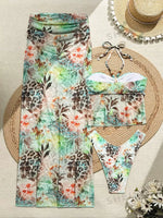 DEKA 3 Pieces Flower Bikini Sexy Women Swimsuit Halter Swimwear Female Cover Up Printed Bikini Set Beachwear Bathing Suits