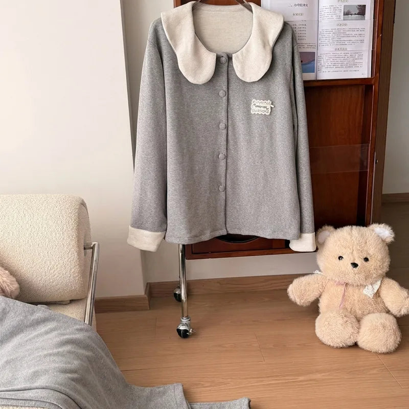Autumn Winter Women Sleepwear, Solid Color Dralon Pajama Set, Soft Warm Doll Collar Long Sleeve & Long Pants Home Loungewear