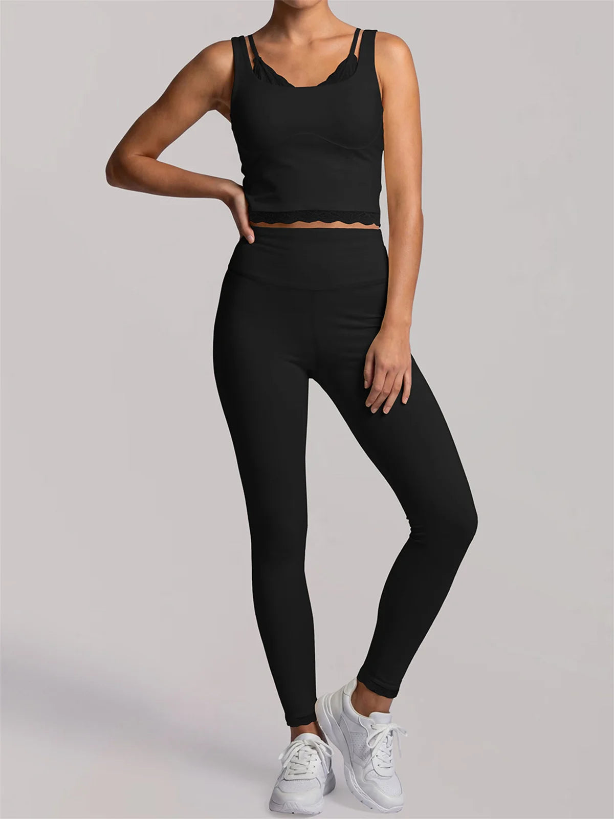 Fake Two Piece Tank Top Yoga Sets Women Lace V Neck Sports Vest Fitness Suit Hip Lifting High Waist Leggings Workout Clothes