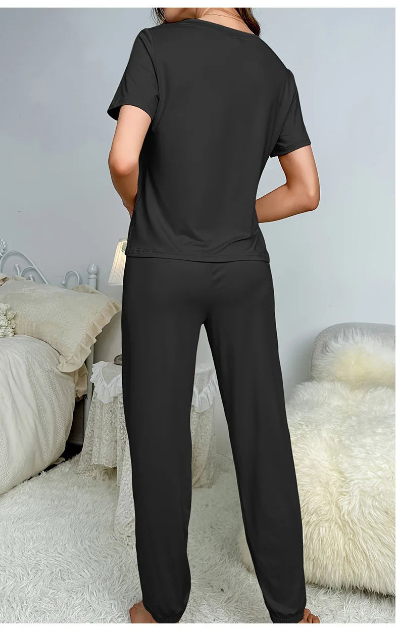 Women's Sleepwear Spring and Summer New Pajamas Women's Short-sleeved Trousers Set Classic Solid Color Casual Loungewear