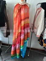 Rainbow Stripe Sleeveless Long Dresses Women Fashion Fold Layered Loose A-line Maxi Dress Temperament Lady Commuting Vestidos