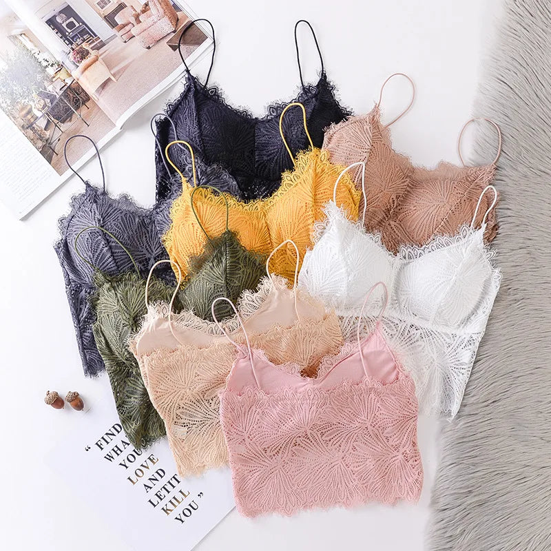 Women Floral Lace Bra Female Underwear Sexy Lingerie Lace Top Removable Pads Non-wire Solid Color Bralette Push-Up Brasieres