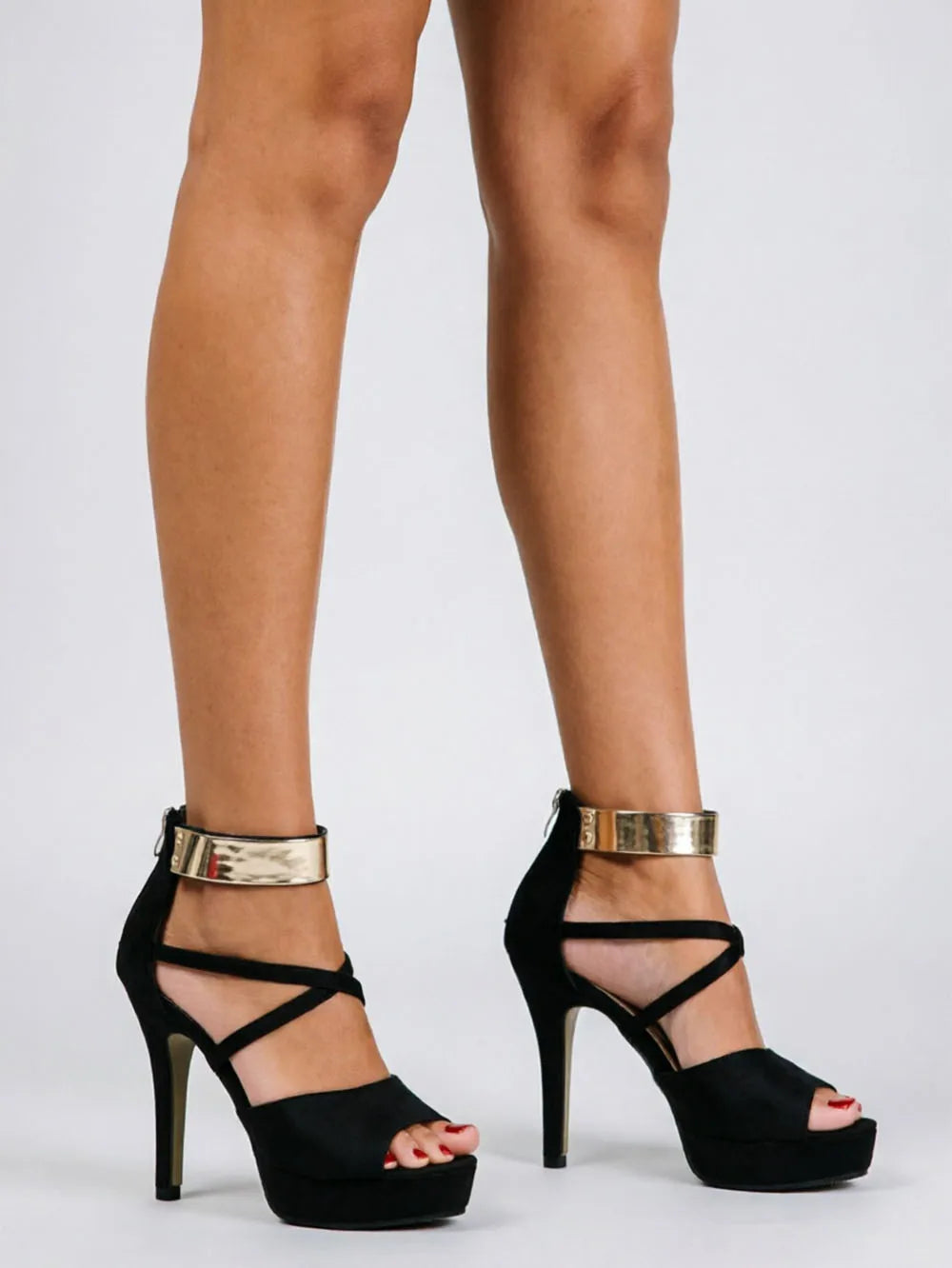 Women's Sexy Peep Toe Platform 12cm High Heel Sandals with Gold Metal Classic Ankle Strap Crisscross Stiletto Heel Party Shoes