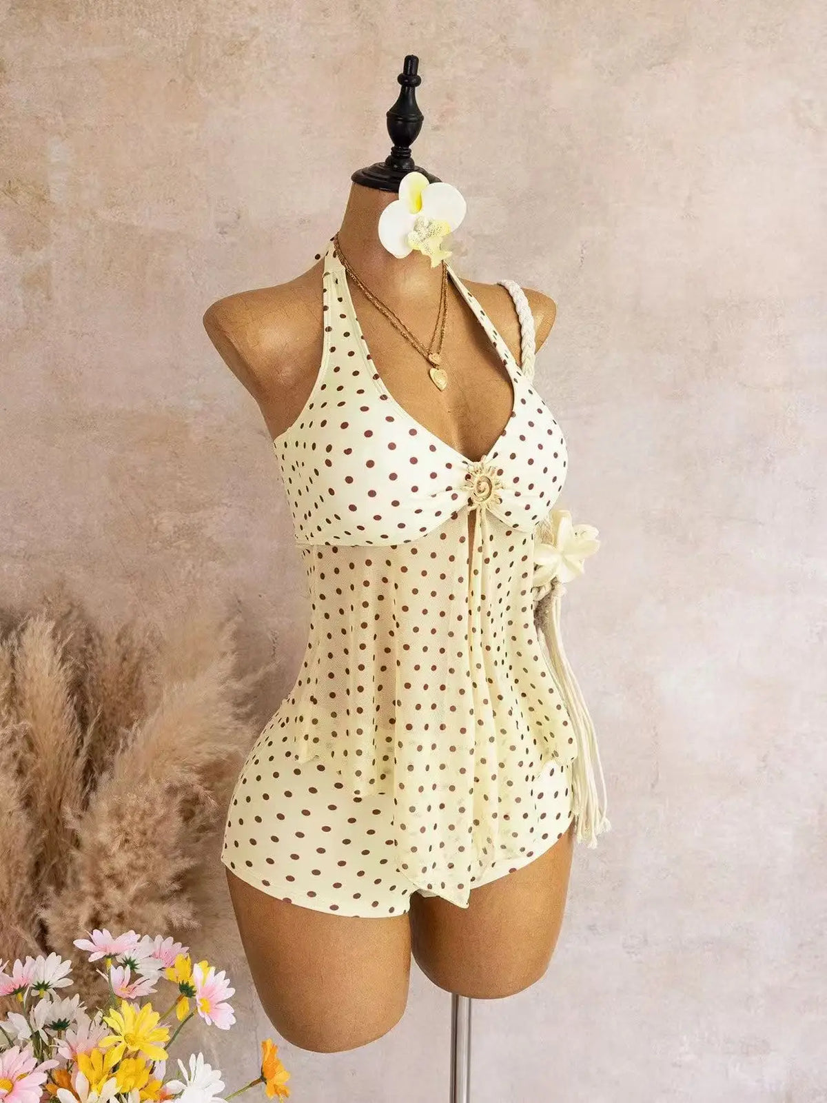 Sexy Beige Two Piece Bikini Set 2026 Women Metal Sun Ornament Mesh Tank Top High Waist Swimsuit Holiday Bathing Suit Swimwear