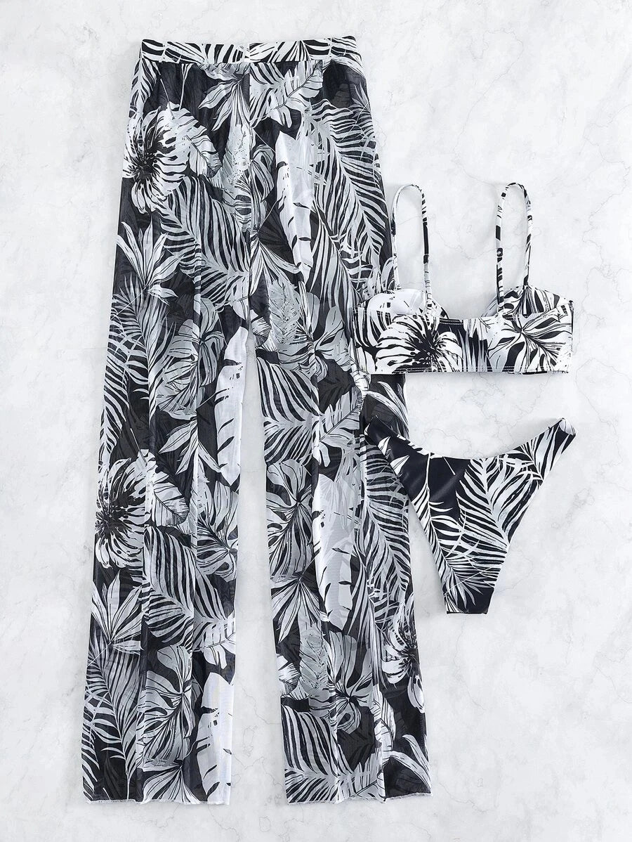 3 Pieces Strappy Bikini 2026 Women Printed Swimsuit Sexy Swimwear Female With Beach Pants Bathers Bathing Swimming Swim Suit