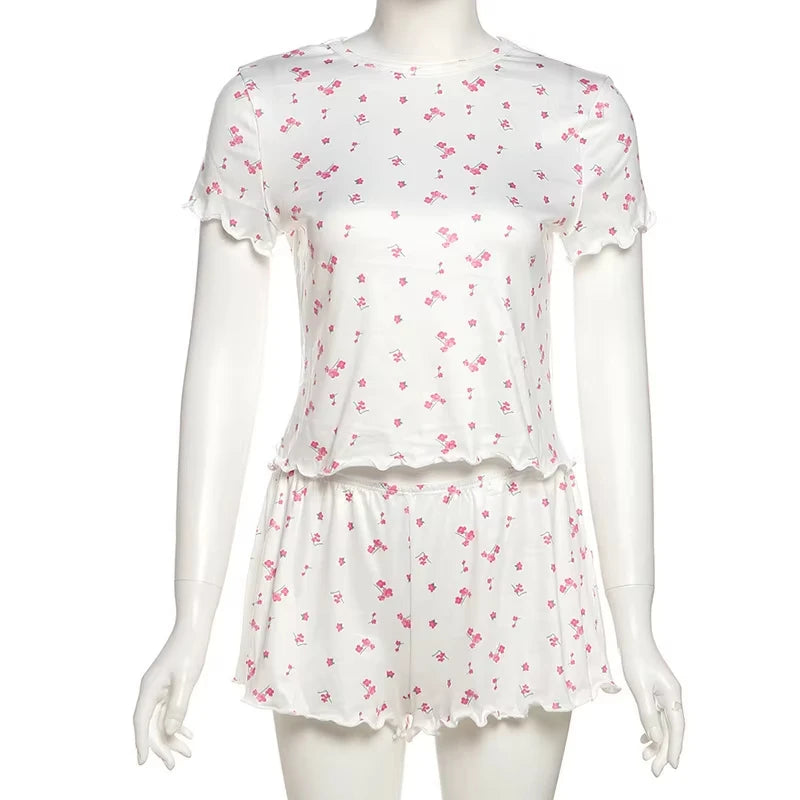 New Print Pajama Two-Piece Set Women's Round Neck T-Shirt Shorts Ruffles Slimming High Elasticity Casual Home Wear Hot Selling