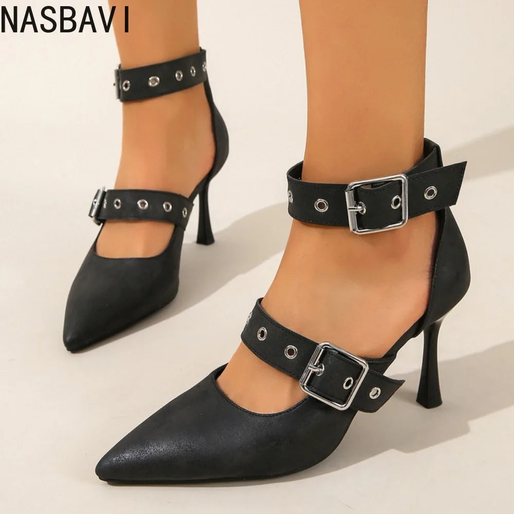 Black Punk Gothic High Heels Sexy Plus Size 34-45 Pointed Toe Fashion Buckle Rivet French Retro Women Pumps Wedding Sandals New