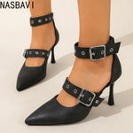 Black Punk Gothic High Heels Sexy Plus Size 34-45 Pointed Toe Fashion Buckle Rivet French Retro Women Pumps Wedding Sandals New