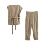 Foridol Irregular Sleeve Top+pants Set Women Summer Elegant Office Casual Matching Set Sash Buttons Decor Brown Suit Outfits