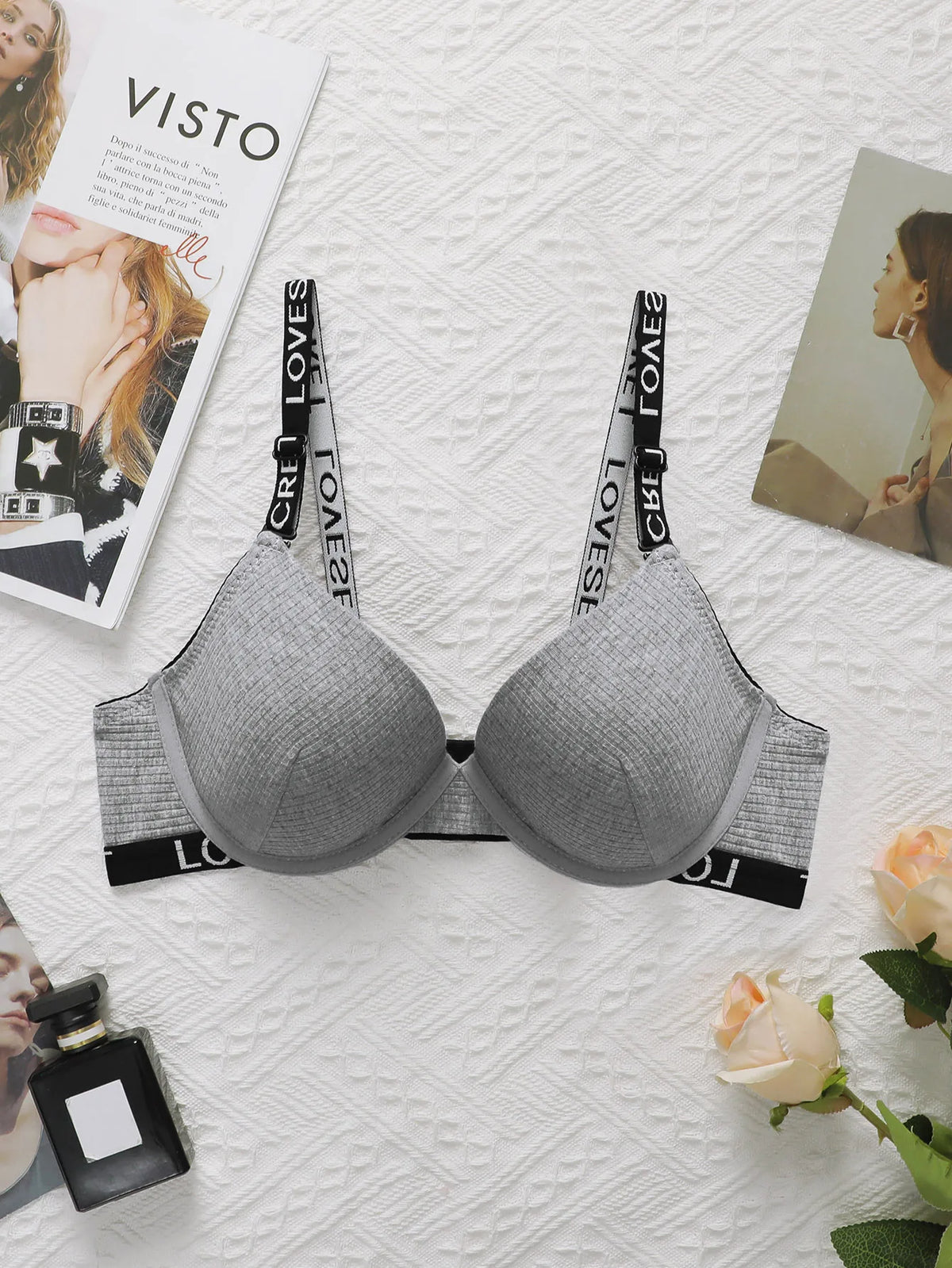 Women's Grey Bra With Letter Band Design 3/4 cup Pull Up Sexy Lingerie Solid Color All Season Brassiere R8809