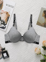 Women's Grey Bra With Letter Band Design 3/4 cup Pull Up Sexy Lingerie Solid Color All Season Brassiere R8809