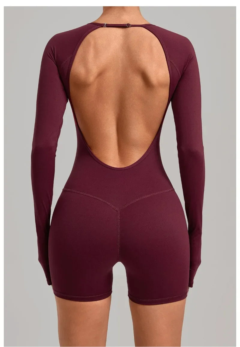 Women's Yoga Jumpsuits Sports Fitness Hip-lifting Long-sleeved Backless Running Training Workout Gym Shorts One-piece Bodysuits