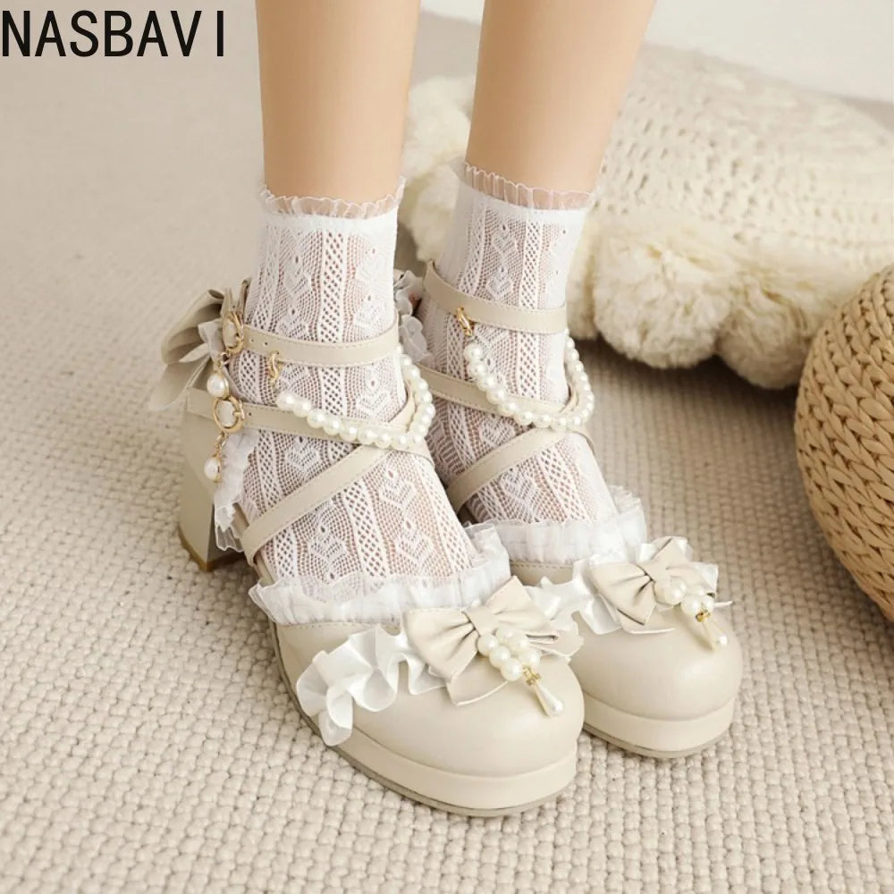 New Women Summer Leather Shoes Thick Square Heeled Sandals Marty Lolita Princess Ankle Shoes Large Size 45 46 47 48 Black White