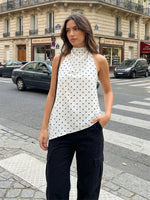 Women Halter Tank Tops Dots Print Asymmetric Hem Vest 2026 Summer Fashion Sleeveless Elegant Retro Blouses Streetwear