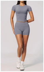 Seamless Yoga Sets Women Short Sleeve O Neck Slim Sports T Shirts Gym Outfits Abdominal Compression Shorts Running Fitness Suit