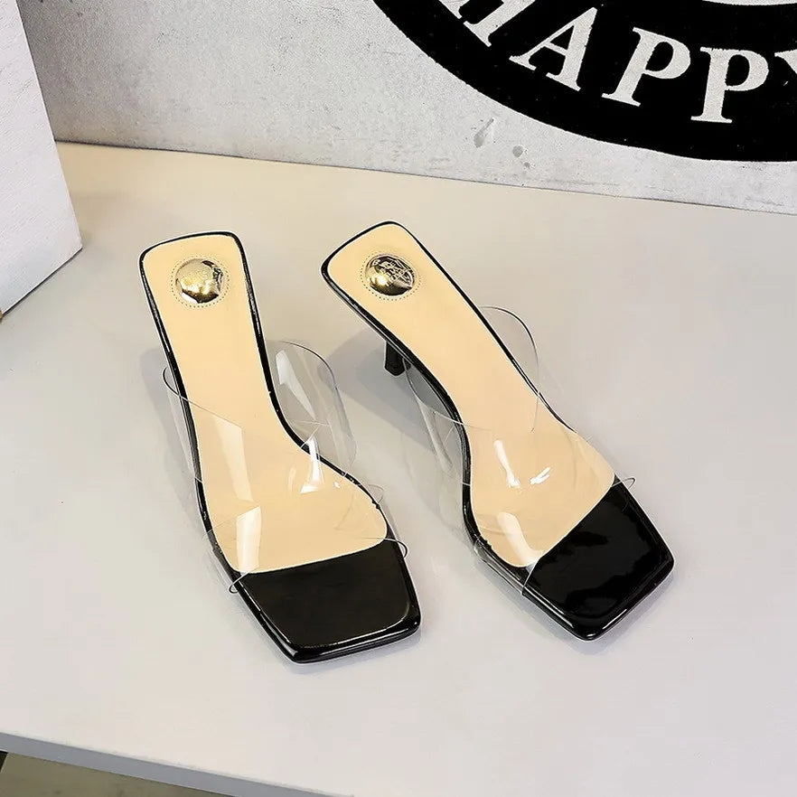 BIGTREE Sexy Silver PVC Transparent Crystal Womens Slippers 2026 Summer Square Toe Thin High Heels Sandals Ladies Shoes