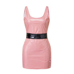 Women's Summer Solid Color PU Leather Slim Fit Dress Fashionable Sleeveless Round Neck Belted Tight Fitting Mini Dresses