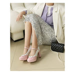 Plus Size Crossed Thin Ribbon Bow Shallow High-Heeled Shoes Patent Leather Splicing White PU Sweet Lolita Style Pumps