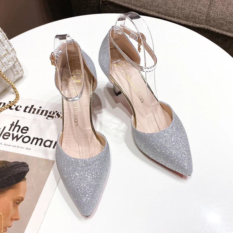 ZOKI Bling Gold Silver Women's Pumps 2024 Sexy Point Toe Thin Heel Party Wedding Shoes Woman Summer Ankle Strap High Heels Shoes