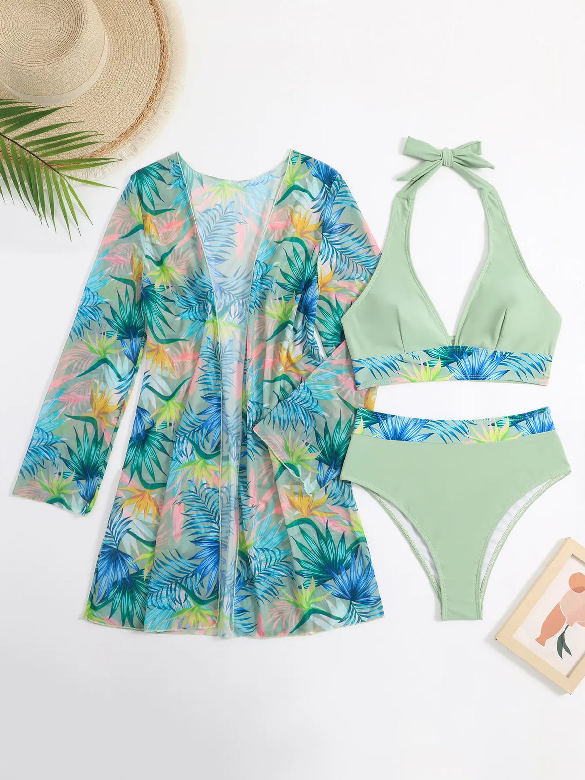 Halter Print Bikini 2026 Women Swimsuit With Kimono High Waist Swimwear Female Bathers Bathing Swimming Swim Suit Beachwear