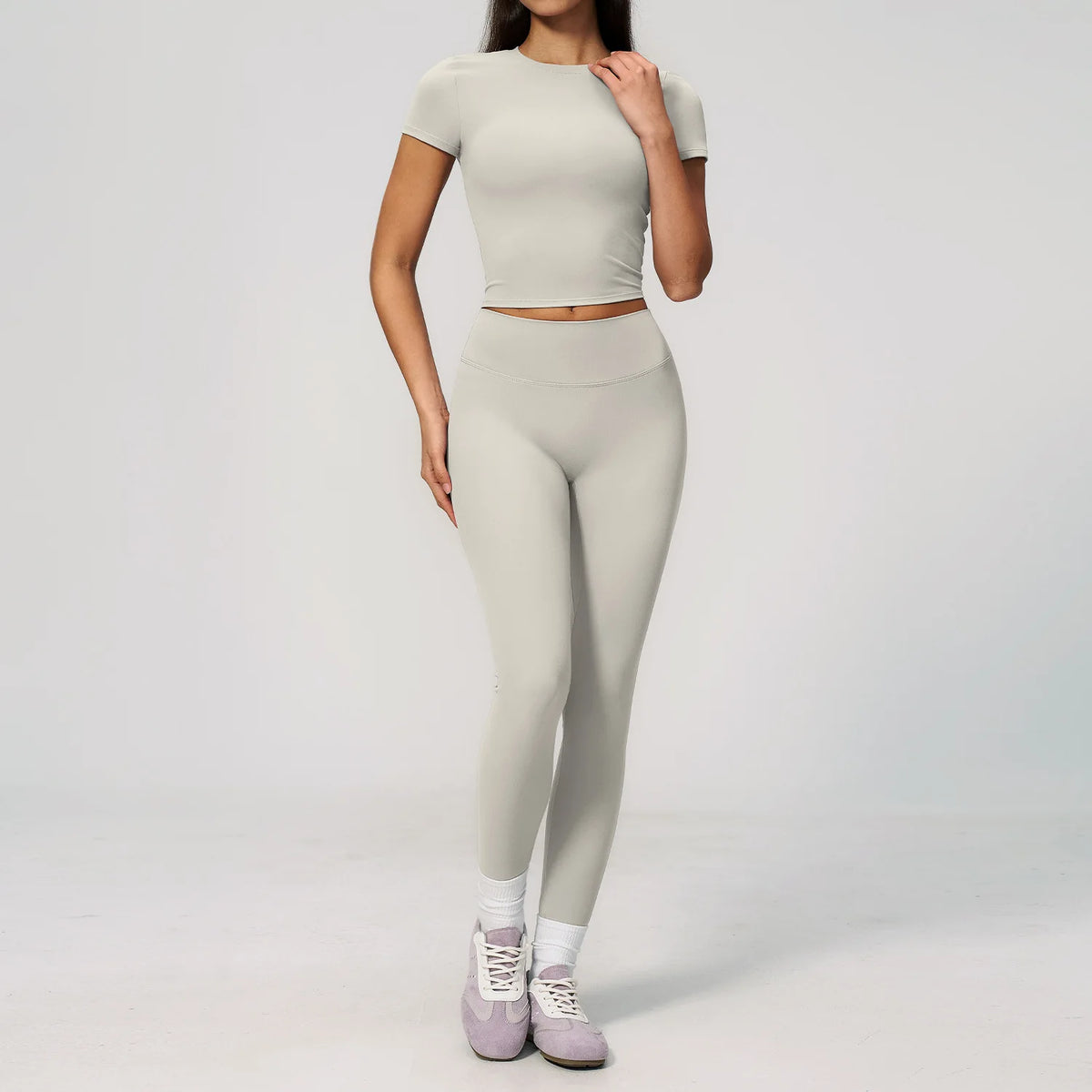 Creamy 2 Pieces Workout Suit Women Yoga Outfits Short Sleeve O Neck Slim Sports T Shirts High Waist Flare Pants Gym Fitness Sets
