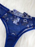 Women's Royal Blue Floral Embroidery Lingerie Set Half Cup Push Up Bra And Thong Sheer Mesh Lace Comfortable SexyUnderw ZA824026