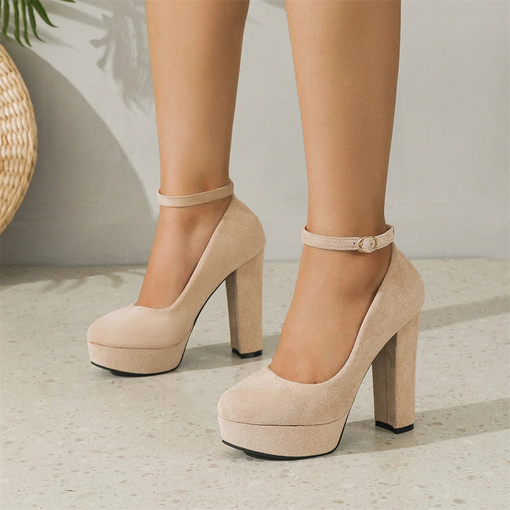 2026 Plus Size 43 Elegant Black Ankle Strap Platform Pumps Sexy Spike High Heels Shoes Women Classic Apricot Office Lady Shoes