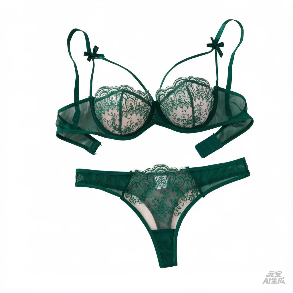 Green Floral Lace Lingerie Set Sheer Mesh Underwire Bra With Bow & Thong Women Sexy Underwear ZA824057